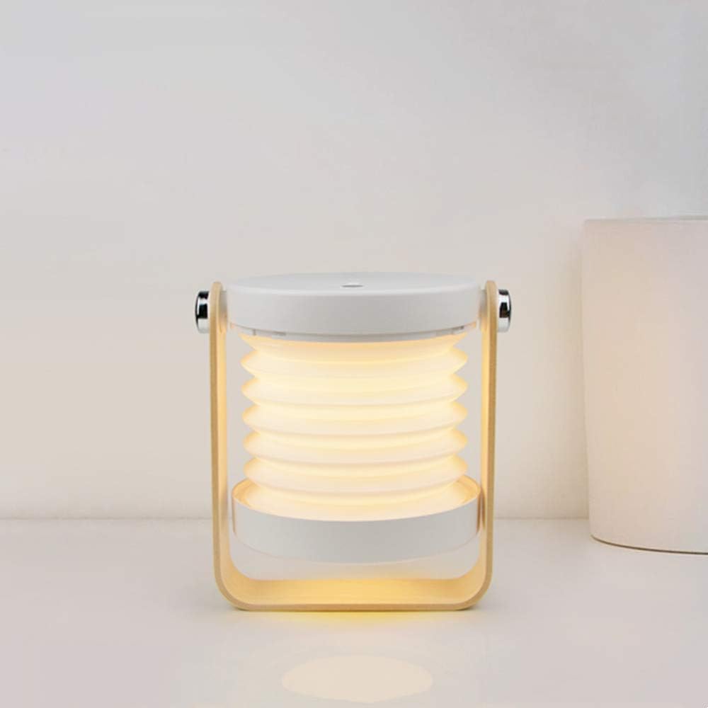 4-In-1 Foldable Table Lamp, USB Retractable LED Light, Wooden Handle Portable Lantern and Flashlight, Touch Control Dimmable 3 Level Brightness Night Light for Reading, Outdoor Camping (White)