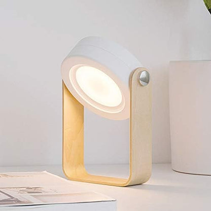 4-In-1 Foldable Table Lamp, USB Retractable LED Light, Wooden Handle Portable Lantern and Flashlight, Touch Control Dimmable 3 Level Brightness Night Light for Reading, Outdoor Camping (White)