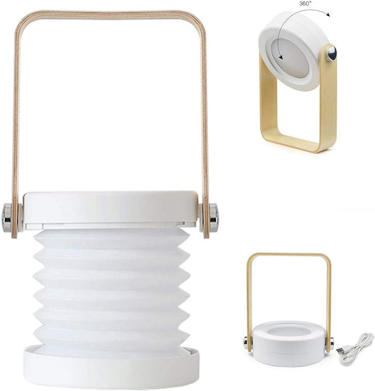 4-In-1 Foldable Table Lamp, USB Retractable LED Light, Wooden Handle Portable Lantern and Flashlight, Touch Control Dimmable 3 Level Brightness Night Light for Reading, Outdoor Camping (White)