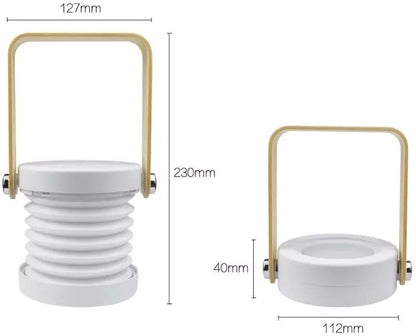 4-In-1 Foldable Table Lamp, USB Retractable LED Light, Wooden Handle Portable Lantern and Flashlight, Touch Control Dimmable 3 Level Brightness Night Light for Reading, Outdoor Camping (White)