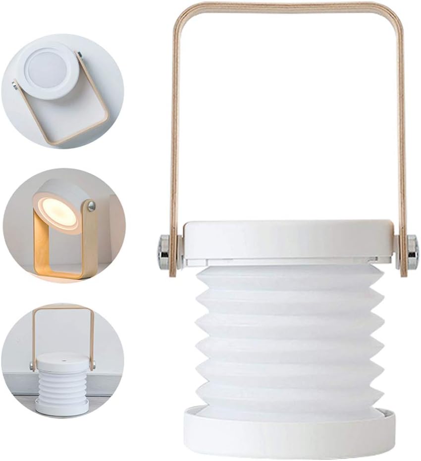 4-In-1 Foldable Table Lamp, USB Retractable LED Light, Wooden Handle Portable Lantern and Flashlight, Touch Control Dimmable 3 Level Brightness Night Light for Reading, Outdoor Camping (White)