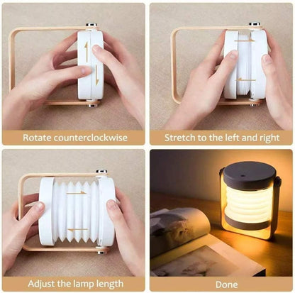 4-In-1 Foldable Table Lamp, USB Retractable LED Light, Wooden Handle Portable Lantern and Flashlight, Touch Control Dimmable 3 Level Brightness Night Light for Reading, Outdoor Camping (White)